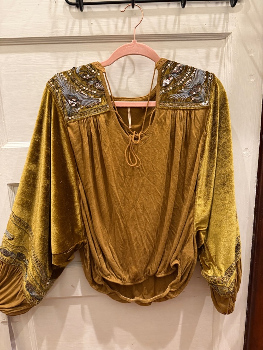 Embellished Velvet Peasant Blouse in Mustard - Picture 3 of 3